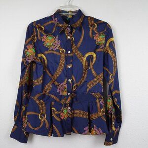 Ralph Lauren Equestrian Shirt Women's Size 4 Blue Peplum Button Front Horses